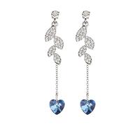 Clip On Earrings - Silver Plated Crystal Leaf Earring With A Blue Heart - Bliss by Bello London