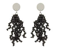 Clip On Earrings - Silver Plated Dangle Earring With Black Crystal Strands - Roch B