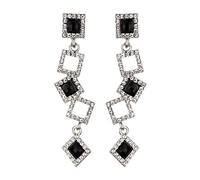 Clip On Earrings - Silver Plated Drop With Clear Crystal Squares And Black Stones - Braith