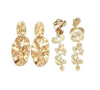 Clip On Earrings Thick Coating Hammer Pattern And Gold Flower Earrings | Gold Clip On Earrings Women, Set Of 2 Pairs, Oval And Leaf Shapes, Lightweight, Comfortable Clip-On Design