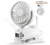 Clip On Fan with LED Display, USB Battery Powered Fan Silent Powerful, 4 Speeds Rechargeable Fans Portable with Water Spray, Quiet Small Misting Fans For Bedroom, Pram, Buggy, Camping,Travel(White)