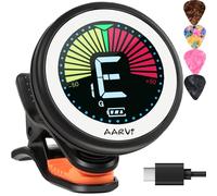 Clip on guitar tuner rechargeable, for all instruments, acoustic/electric guitar, ukulele, bass, violin, Banjo, color LCD, semitone tuner, 4 Pack Guitar Picks Included
