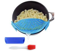 Clip On Kitchen Food Strainer for Spaghetti, Meat, Pasta, & Ground Beef Grease, Colander & Sieve Snaps or Clips Onto Bowls, Pots & Pans Includes Silicone Drainer, Brush & Garlic Peeler (LtBlue)