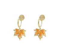 Clip On Maple Leaves Dangle Drop Fake Hoop Earrings for Women No Piercings Ear Dainty Elegant Gold Plated Enamel Autumn Leaf Cuff Wrap Earring Fashion Jewelry Gifts for Birthday Hypoallergenic