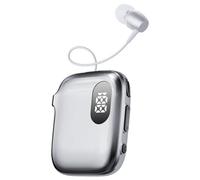 Clip On Retractable Bluetooth Headphone, Collar Clip Stereo Earphone V6.0 Dual Noise Cancelling Mic LED Display 90H Talking Time Lavalier Earpiece Hands-Free for Sports Business Driving (Silver)