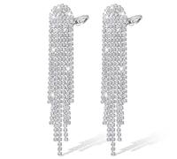 Clip on Rhinestone Earrings, LucBuy Silver Drop Dangle Chandelier Tassel Earrings, Lightweight Long Fringe Crystal Non-Pierced Ear Studs, Trendy Diamond Dangling Jewelry for Wedding Prom Party (A)