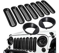 Clip-on Version Front Grille Mesh Inserts & "Angry bird style" Headlight Cover Fits For 2007-2017 Jeep Wrangler JK JKU（Matte Black）