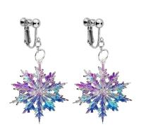 Clip On Winter Snowflake Earrings for Women, Non Pierced Blue Purple Silver Dangle Jewelry, Lightweight Holiday Christmas Fantasy Drop Earrings, Zinc, No Gemstone