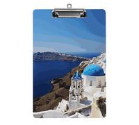 Clipboard, A4 Size Acrylic Clipboard, Santorini Greek Island Sea View Decorative Standard Clipboards with Stainless Steel Hanging Hole, Portable Document Organizer for Office Supplies