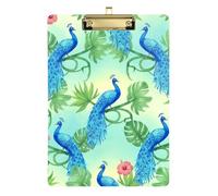 Clipboard Acrylic Blue Peacock Green Tropical Leaf Portable Clipboard for Women Men Teachers Nurses Travel Clipboards, A4 Letter Size 12.5 x 9 Inches Gold Clip