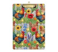Clipboard Acrylic Colorful Rooster Flower Rustic Cute Clip Board Wordpad Clipboards Standard Size for Teacher Student Lawyer Nurse, A4 Letter Size 12.5 x 9 Inches Gold Clip