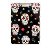 Clipboard Acrylic Colorful Sugar Skulls Floral Portable Clipboards A4 Standard Size Clip Boards for Women Men Office Supplies, Low Profile Gold Clip Retractable Hanging Tab