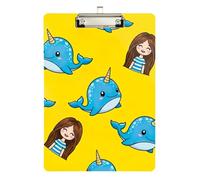 Clipboard Acrylic Cute Blue Whale Yellow Decorative Clipboards A4 Standard Size Clip Boards for Women Men Office Supplies, Low Profile Gold Clip Retractable Hanging Tab