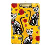 Clipboard Acrylic Day Dead Skeleton Cat Writing Board A4 Standard Size Clipboards Hardboard for Teacher Student Lawyer Nurse, 12.5 x 9 Inches Gold Clip