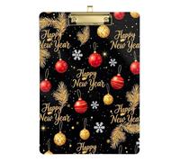 Clipboard Acrylic Festive Happy New Year Black Decorative Clipboard A4 Standard Size Clip Board for Teachers, Students, Nurses, 12.5 x 9 Inches Gold Clip