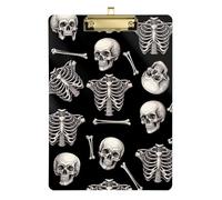 Clipboard Acrylic Funny Skeleton Skulls Black Portable Clipboard A4 Standard Size Clip Boards for Classrooms, Restaurants, School, Low Profile Gold Clip Retractable Hanging Tab