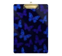 Clipboard Acrylic Glowing Blue Purple Butterflies Dark Cute Clip Board A4 Standard Size Clipboards Hardboard for Women Men Teachers Nurses, 12.5 x 9 Inches Gold Clip