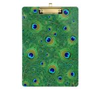 Clipboard Acrylic Green Peacock Feathers Fashion Clipboard for Teachers, Students, Nurses Standard A4 Letter Size Clipboards Low Profile Gold Clip Retractable Hanging Tab