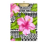Clipboard Acrylic Hibiscus Pink Flowers Boho Writing Clipboard Wordpad Clipboards Standard Size for Classrooms, Restaurants, School, Low Profile Gold Clip Retractable Hanging Tab