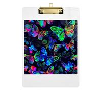 Clipboard Acrylic Neon Butterfly Black Cute Clip Boards for Nurses Teachers Coaches Paperboard Chic Design Clipboard Low Profile Gold Clip Retractable Hanging Tab 12.5 x 9 Inches
