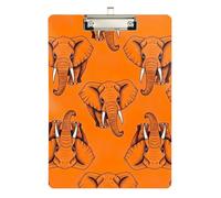 Clipboard Acrylic Orange Elephants Fashion Clipboard Hardboard Clipboards Standard Size for Students, Women, Man, Low Profile Silver Clip Retractable Hanging Tab