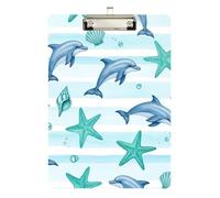 Clipboard Acrylic Playful Blue Dolphins Decorative Clipboards Standard A4 Letter Size Clipboards for Teachers, Students, Nurses, Low Profile Gold Clip Retractable Hanging Tab