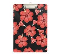 Clipboard Acrylic Red Hibiscus Flower Black Decorative Clipboard for Students, Women, Man A4 Standard Size Clip Board Low Profile Silver Clip Retractable Hanging Tab