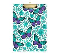 Clipboard Acrylic Teal Purple Butterflies Decorative Clipboard for Classrooms, Restaurants, School Travel Clipboards, A4 Letter Size 12.5 x 9 Inches Gold Clip