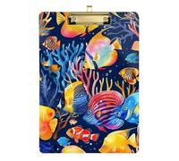 Clipboard Acrylic Tropical Coral Fish Blue Portable Clipboard Standard A4 Letter Size Clipboards for Teachers, Students, Nurses, Low Profile Gold Clip Retractable Hanging Tab