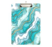 Clipboard Acrylic Turquoise Marble Aqua Blue Writing Board A4 Standard Size Clip Boards for Students, Women, Man, Low Profile Silver Clip Retractable Hanging Tab