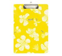 Clipboard Acrylic White Hibiscus Flowers Yellow Portable Clipboards Cute Decorative Letter Size Clipboard for Students, Women, Man, Low Profile Gold Clip Retractable Hanging Tab
