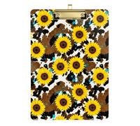 Clipboard Acrylic Yellow Sunflowers Rustic Cow Print Writing Boards for Classrooms, Restaurants, School Wordpad Clipboards Standard Size Low Profile Gold Clip Retractable Hanging Tab