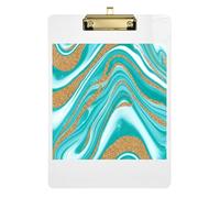 Clipboard Acrylics Abstract Marble Aqua Blue Decorative Clipboard Letter Size Clipboard for Teacher Student Lawyer Nurse, Low Profile Gold Clip Retractable Hanging Tab 12.5 x 9 Inches
