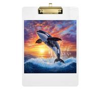 Clipboard Acrylics Orca Whale Leaping Sunset Decorative Clipboard for Teachers, Students, Nurses A4 Standard Size Clip Board Low Profile Gold Clip Retractable Hanging Tab 12.5 x 9 Inches