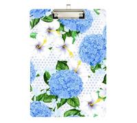 Clipboard Blue White Hydrangeas Hibiscus Cute Clipboard Travel Clipboards for Nurses, Lawyers, Doctor Offices, Low Profile Silver Clip Retractable Hanging Tab