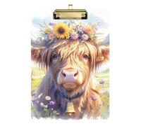 Clipboard Clip A4 Size 12.5" x 9" Inspectors Clipboard with Low Profile Clip for Observation Recorder Coaching Trade Quest Highland Cow with Floral Crown