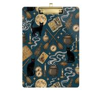 Clipboard Clip A4 Size 12.5" x 9" Transparent Clipboard with Low Profile Clip for Coaches Office Supplies Witchy Black Cat Magic Elements