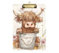 Clipboard Clips A4 Size 12.5" x 9" Metal Clipboards with Low Profile Clip for Police Medical Contractor Cute Highland Cow with Bucket Flowers Wooden