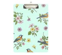 Clipboard Colorful Bird Flowers Pastel Aqua Cute Clip Board for Teachers, Students, Nurses A4 Standard Size Clipboards Hardboard Low Profile Silver Clip Retractable Hanging Tab