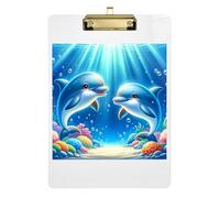 Clipboard Cute Dolphin Blue Writing Boards Travel Clipboard for Nurses Teachers Coaches, Low Profile Gold Clip Retractable Hanging Tab 12.5 x 9 Inches