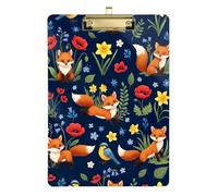 Clipboard Cute Foxes Colorful Flowers Decorative Clipboards A4 Standard Size Clip Boards for Teachers, Students, Nurses, Low Profile Gold Clip Retractable Hanging Tab