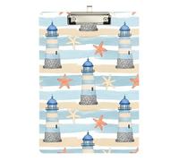 Clipboard Cute Lighthouse Starfish Stripes Portable Clipboard A4 Standard Size Clip Board for Teachers, Students, Nurses, Low Profile Silver Clip Retractable Hanging Tab