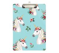 Clipboard Cute Unicorns Floral Blue Cute Clip Board for Classrooms, Restaurants, School A4 Standard Size Clipboards Hardboard Low Profile Silver Clip Retractable Hanging Tab