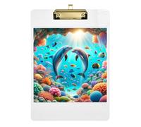 Clipboard Dolphin Sea Coral Blue Cute Clipboards Hardboard Clipboard Standard Size for Students, Women, Man, Low Profile Gold Clip Retractable Hanging Tab 12.5 x 9 Inches