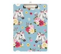 Clipboard Elegant Floral Horse Blue Writing Board for Nurses Teachers Coaches A4 Standard Size Clip Board Low Profile Silver Clip Retractable Hanging Tab