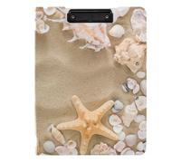 Clipboard Folder, A4 Foldable Clipboard with Dual Metal Clips File Cover PP Board Hold 80 Sheets 18.9 x 12.6 in Seashells, Starfish and Sea Pebbles Frame on Beach Sand