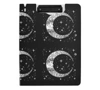 Clipboard Folder, A4 Foldable Clipboard with Dual Metal Clips File Cover PP Board Hold 80 Sheets 18.9 x 12.6 in Vintage Hand Drawn Retro Face of The Moon Stars on Black