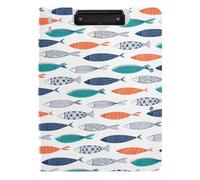 Clipboard Folder, A4 Foldable Clipboard with Dual Metal Clips File Cover PP Board Hold 80 Sheets 18.9 x 12.6 in Orange Green Blue Fish Seamless Tribal Ethnic Fishes on White