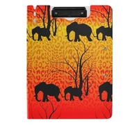 Clipboard Folder, A4 Foldable Clipboard with Dual Metal Clips File Cover PP Board Hold 80 Sheets 18.9 x 12.6 in Batik Tiger Skin Black Elephant Forest Silhouettes Yellow Red