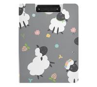 Clipboard Folder, A4 Foldable Clipboard with Dual Metal Clips File Cover PP Board Hold 80 Sheets 18.9 x 12.6 in Black White Sheep Lambs Wild Flowers on a Dark Gray Background